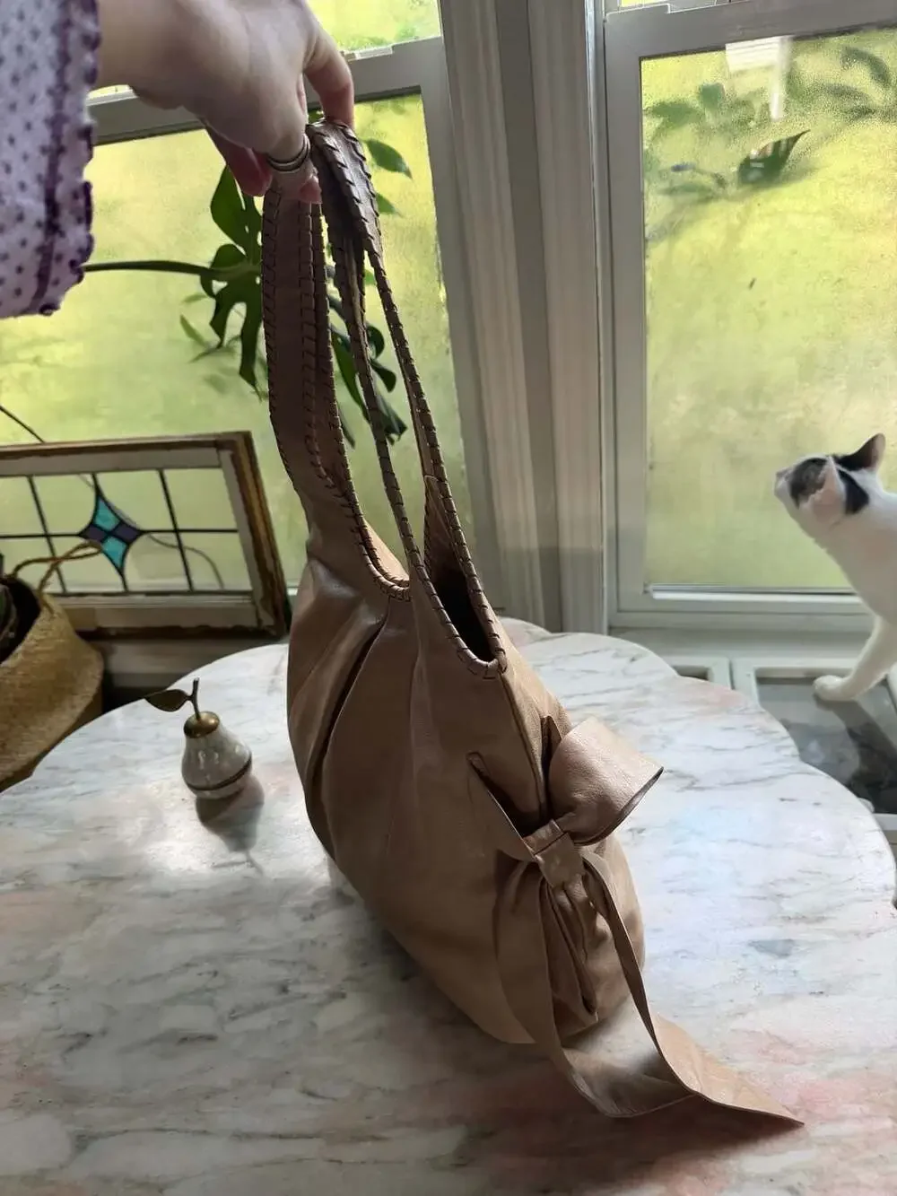 Talbots Leather Slouchy Shoulder Bag with Braided Detail and Side Bow